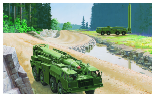 An artist's rendering of two Scud-B mobile missile launchers in a forested area. One launcher is driving on a dirt road while another is positioned in the background with its missile raised to a vertical launch position.